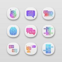 Chatbots app icons set. UI UX user interface. Graph, support, code, messenger, chat bots. Modern robots. Chatterbots. Virtual assistants. Web or mobile applications. Vector isolated illustrations