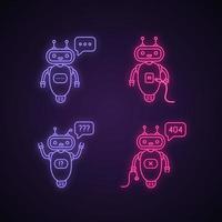 Chatbots neon light icons set. Talkbots. Virtual assistants. Typing, USB, question, not found chat bots. Modern robots. Glowing signs. Vector isolated illustrations