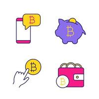 Bitcoin cryptocurrency color icons set. Bitcoin chat, piggy bank, cryptocurrency payment click, digital wallet. Isolated vector illustrations