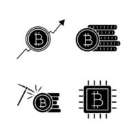 Bitcoin cryptocurrency glyph icons set. Market growth chart, bitcoin coins stack, mining, microchip. Silhouette symbols. Vector isolated illustration