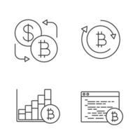 Bitcoin cryptocurrency linear icons set. Currency exchange, bitcoin refund, market growth chart, mining software. Thin line contour symbols. Isolated vector outline illustrations. Editable stroke