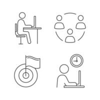 Business management linear icons set. Remote job, teamwork, achievement, working hours. Thin line contour symbols. Isolated vector outline illustrations. Editable stroke