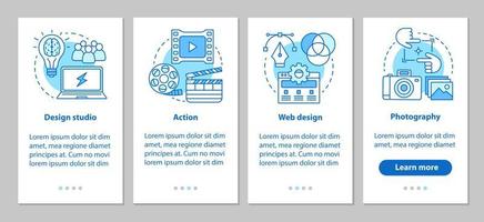 Design studio onboarding mobile app page screen with linear concepts. Action, web design, photography steps graphic instructions. UX, UI, GUI vector template with illustrations