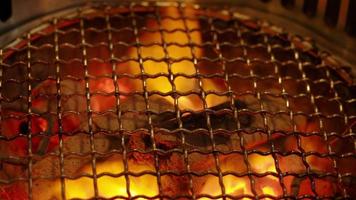 vuur in bbq houtskoolgrillfornuis voor het grillen van voedsel met rookkap. video