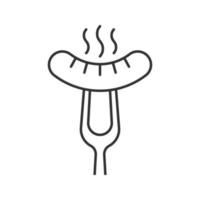 Grilled sausage on fork linear icon. Thin line illustration. Bratwurst. Vector isolated drawing