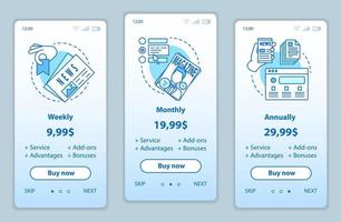 Newspaper, magazine subscription onboarding mobile app screens with service prices. Periodical publications walkthrough website pages templates. Tariff plans steps. Smartphone payment web page layout vector