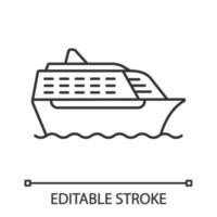 Cruise ship in side view linear icon. Ocean liner. Thin line illustration. Boat, cruiseship, ferry. Water transport. Summer voyage. Contour symbol. Vector isolated outline drawing. Editable stroke