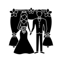 Bride and bridegroom glyph icon. Wedding arch photozone.Newlywed. Just married couple. Fiance, fiancee. Wedding agency. Silhouette symbol. Negative space. Vector isolated illustration