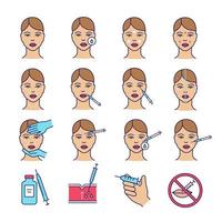 Neurotoxin injection color icons set. Anti wrinkle procedures. Neuro toxin injection. Facial rejuvenation. Cosmetic procedures. Cosmetology. Isolated vector illustrations