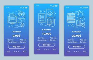 Digital library onboarding mobile app screens with service prices. Walkthrough website pages templates. E-library tariff plans steps. E-books costs. Payment smartphone web page layout vector