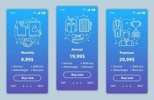 Stylist for men services prices onboarding mobile app screens template. Walkthrough website pages. Shopping discounts. Tariff plans steps. Smartphone payment web page layout vector