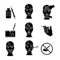 Neurotoxin injection glyph icon set. Vial and syringe, facial markup, cosmetologist exam, nasolabial folds subcutaneous injection, facial rejuvenation, cream, prohibition. Vector isolated illustration