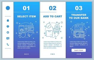 Online shopping onboarding mobile web pages vector template. Digital purchase. Select items, add to cart, make payment. Responsive smartphone website interface. Webpage walkthrough step screens