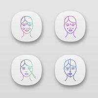 Neurotoxin injection app icons set. Anesthetic cream, facial markup, crows feets injection, facial rejuvenation. UI UX user interface. Web or mobile applications. Vector isolated illustrations