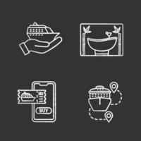 Cruise chalk icons set. Travel agency. Summer voyage. Cruise service, spa salon, trip route, online tickets buying. Isolated vector chalkboard illustrations