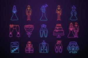 Wedding planning neon light icons set. Bridal dress, accessories, car, bouquets. Wedding agency services. Engagement. Glowing signs. Vector isolated illustrations