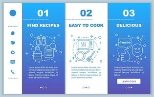 Food cooking onboarding mobile web pages vector template. Find recipes, meal preparation, delicious dish. Responsive smartphone website interface. Webpage walkthrough step screens. Color concept