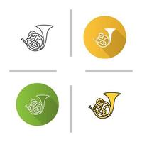 French horn icon. Flat design, linear and color styles. Isolated vector illustrations