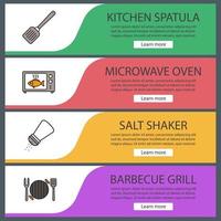 Barbecue web banner templates set. Website color menu items. BBQ. Kitchen spatula, microwave oven cooking, salt shaker, grill. Vector headers design concepts