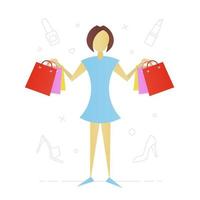 mujer con bolsas de compras diseño de personajes planos. adicto a las compras asistente de ventas. ilustración vectorial aislada vector