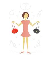 Woman choosing handbag flat character design. Shopping. Shop assistant. Vector isolated illustration