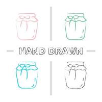 Strawberry jam jar hand drawn icons set. Fruit preserve. Color brush stroke. Isolated vector sketchy illustrations