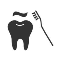 Correct teeth brushing glyph icon. Silhouette symbol. Tooth with toothbrush. Negative space. Vector isolated illustration