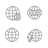 Worldwide linear icons set. Global bitcoin, Earth, newscast, planet population. Thin line contour symbols. Isolated vector outline illustrations. Editable stroke