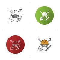 Crossed shovel and pickaxe with hard hat icon. Mining emblem. Flat design, linear and color styles. Isolated vector illustrations