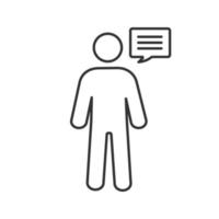 Man with speech bubble linear icon. Talking person. Thin line illustration. Announcement. Speaking man. Contour symbol. Vector isolated outline drawing