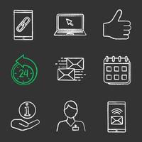 Information center chalk icons set. Link, laptop, like, reschedule, mailing, calendar, helpdesk, hotline, incoming message. Isolated vector chalkboard illustrations