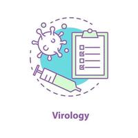 Virology concept icon. Science lab idea thin line illustration. Study of viruses. Medical tests checklist, syringe, virus cell. Vector isolated outline drawing