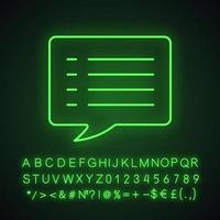 Speech bubble neon light icon. Chat box. Glowing sign with alphabet, numbers and symbols. Vector isolated illustration