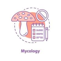 Mycology concept icon. Science idea thin line illustration. Study of fungi. Amanita mushroom, notebook, stop sign. Toxic agarics. Vector isolated outline drawing