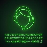 Call center operator neon light icon. Support service. Glowing sign with alphabet, numbers and symbols. Vector isolated illustration