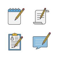 Writing with pencil color icons set. Paper scroll, notepad, signed document, writing message. Isolated vector illustrations