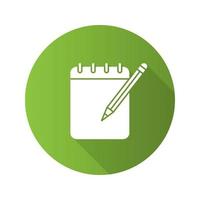 Notepad with pencil flat linear long shadow icon. Taking notes. Vector outline symbol