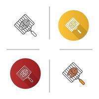 Hand grill with salmon fish icon. Barbecue grid. Grilling basket with fish steak. Flat design, linear and color styles. Isolated vector illustrations