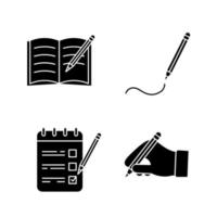 Writing with pencil glyph icons set. Copy book, drawing, to do list, hand holding pencil. Silhouette symbols. Vector isolated illustration