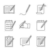 Writing with pencil linear icons set. Handwriting. Notes, messages, documents. Thin line contour symbols. Isolated vector outline illustrations