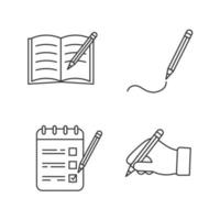 Writing with pencil linear icons set. Copy book, drawing, to do list, hand holding pencil. Thin line contour symbols. Isolated vector outline illustrations