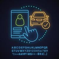 Taxi driver choosing neon light concept icon. Taxi ordering idea. Carpooling. Glowing sign with alphabet, numbers and symbols. Vector isolated illustration