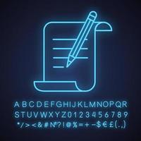 Paper scroll with text and pencil neon light icon. Handwriting. Document, certificate, manuscript. Glowing sign with alphabet, numbers and symbols. Vector isolated illustration