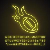 icono de luz de neón de pelota de rugby en llamas. signo brillante con alfabeto, números y símbolos. ilustración vectorial aislada vector