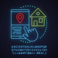 Home location neon light concept icon. Carpooling service idea. Choosing start destination. Glowing sign with alphabet, numbers and symbols. Vector isolated illustration