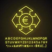 Money spending neon light icon. Expanses. Euro with all direction arrows. Glowing sign with alphabet, numbers and symbols. Vector isolated illustration