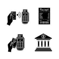 NFC payment glyph icons set. POS terminal, cash receipt, pay with smartphone, online banking. Silhouette symbols. Vector isolated illustration