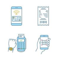 NFC payment color icons set. Cash receipt, QR code scanner, NFC smartphone and smartwatch. Isolated vector illustrations