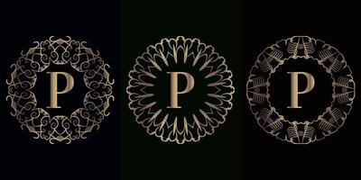Collection of logo initial P with luxury mandala ornament frame vector