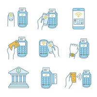 NFC payment color icons set. Pay with smartphone and credit card, online banking, POS terminal, NFC smartwatch and manicure. Isolated vector illustrations